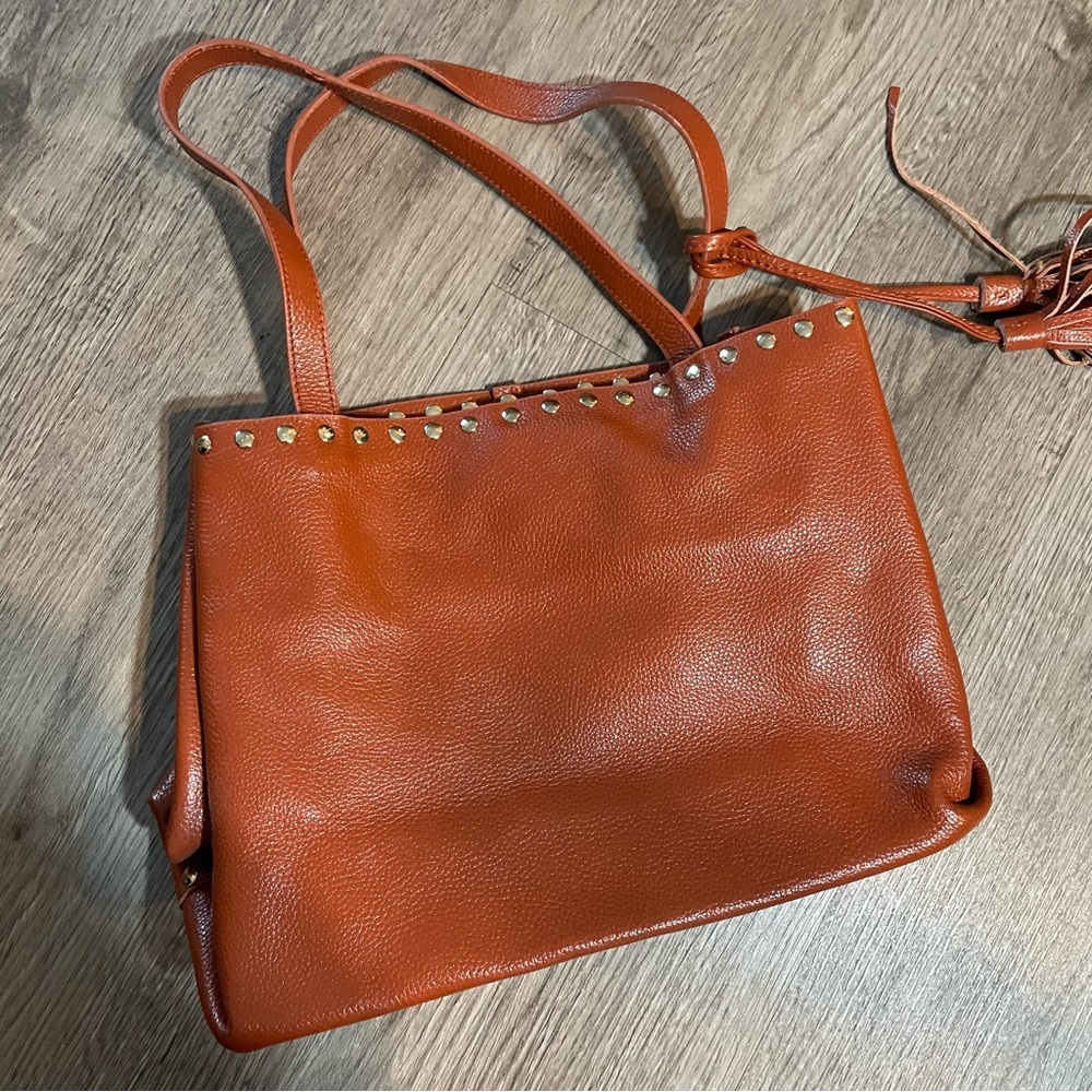 LAGGO Remy Cognac Tan Leather Studded Tassel Tote Bag - Picture 2 of 15